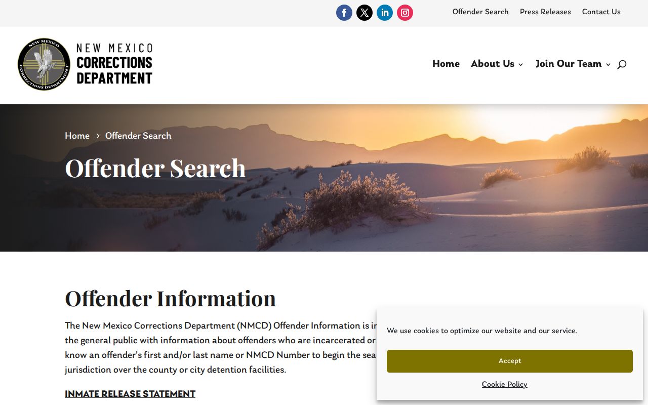 New Mexico Corrections Department Offender Search interface
